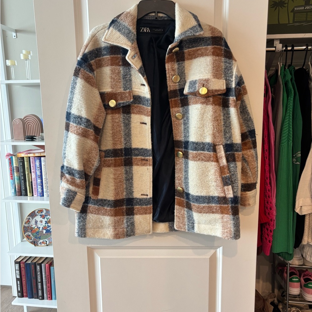 Zara Checkered Jacket - Cream, Brown, Blue